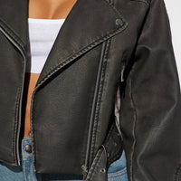 Roxi Washed Faux Leather Moto - Black