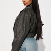 Roxi Washed Faux Leather Moto - Black