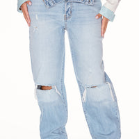 Petite As You Please Ripped Straight Leg Jeans - Light Blue Wash