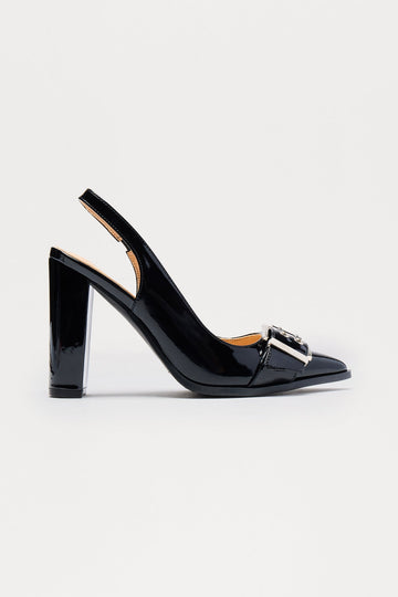 Betty Buckle Faux Patent Slingback Pumps - Black