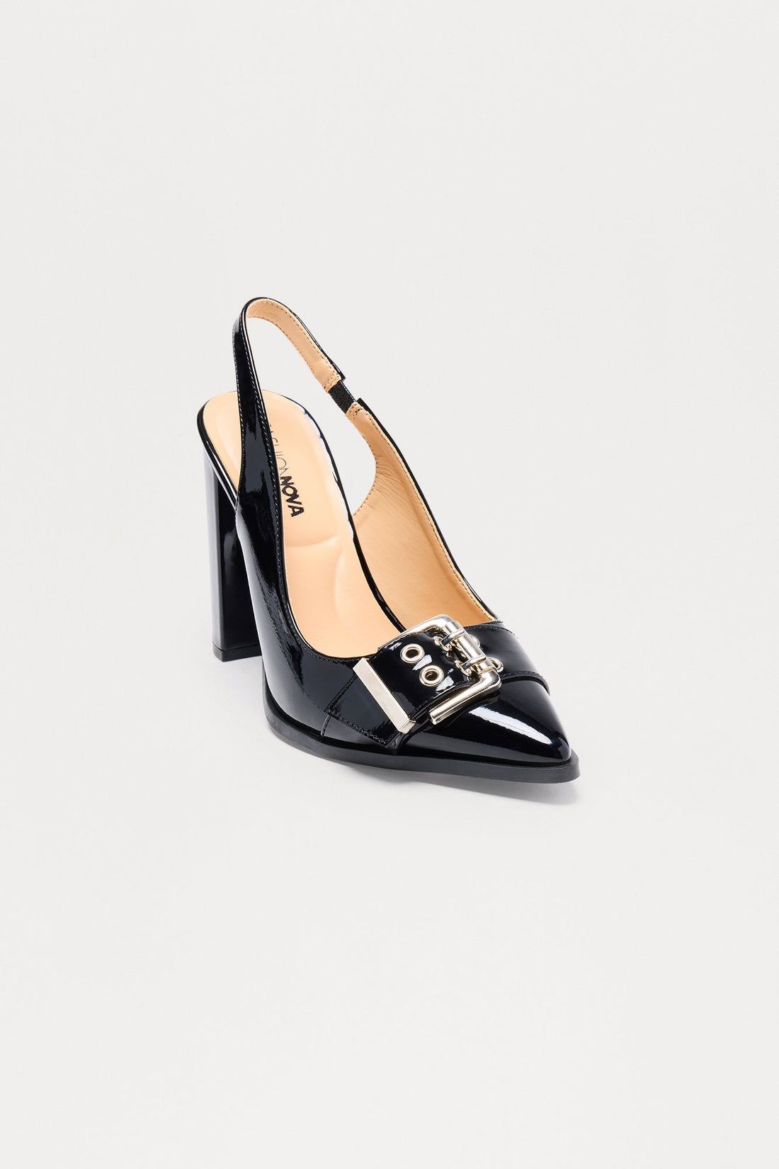 Betty Buckle Faux Patent Slingback Pumps - Black