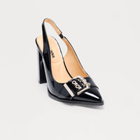 Betty Buckle Faux Patent Slingback Pumps - Black