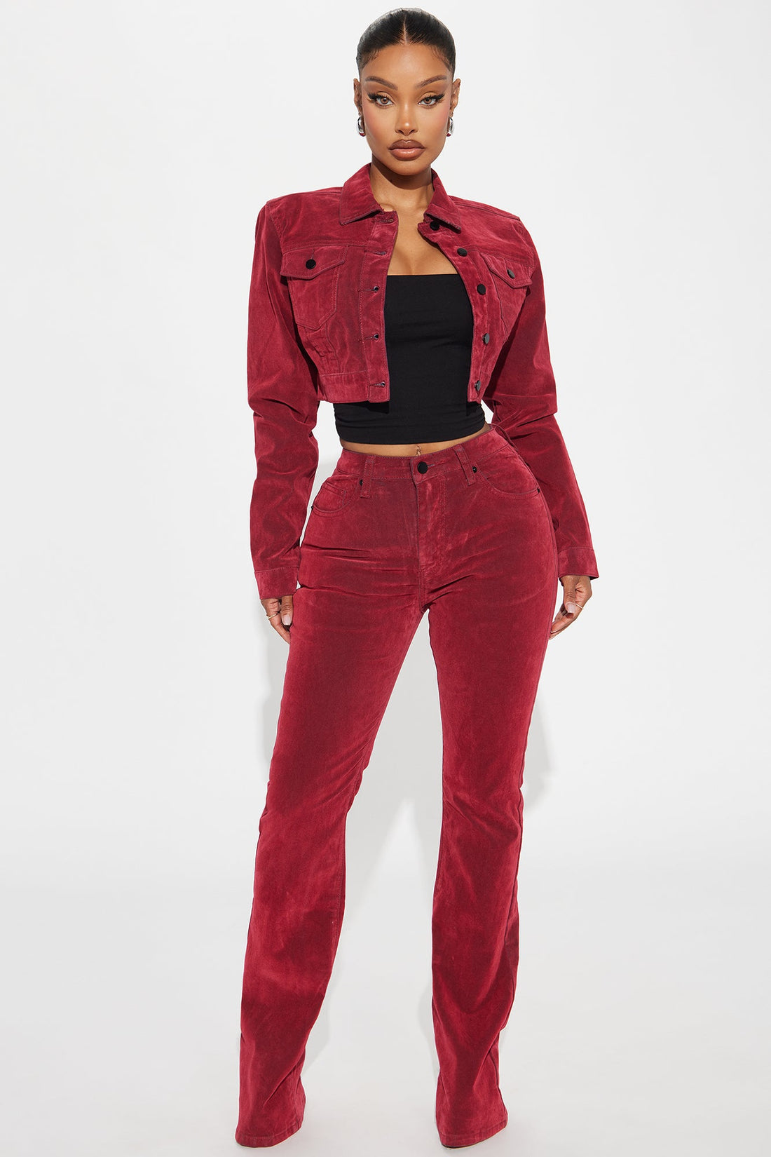 Not Like Us Cropped Stretch Velvet Denim Jacket - Red