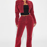 Not Like Us Cropped Stretch Velvet Denim Jacket - Red