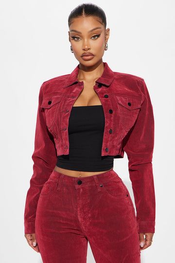 Not Like Us Cropped Stretch Velvet Denim Jacket - Red