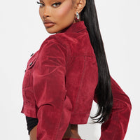 Not Like Us Cropped Stretch Velvet Denim Jacket - Red