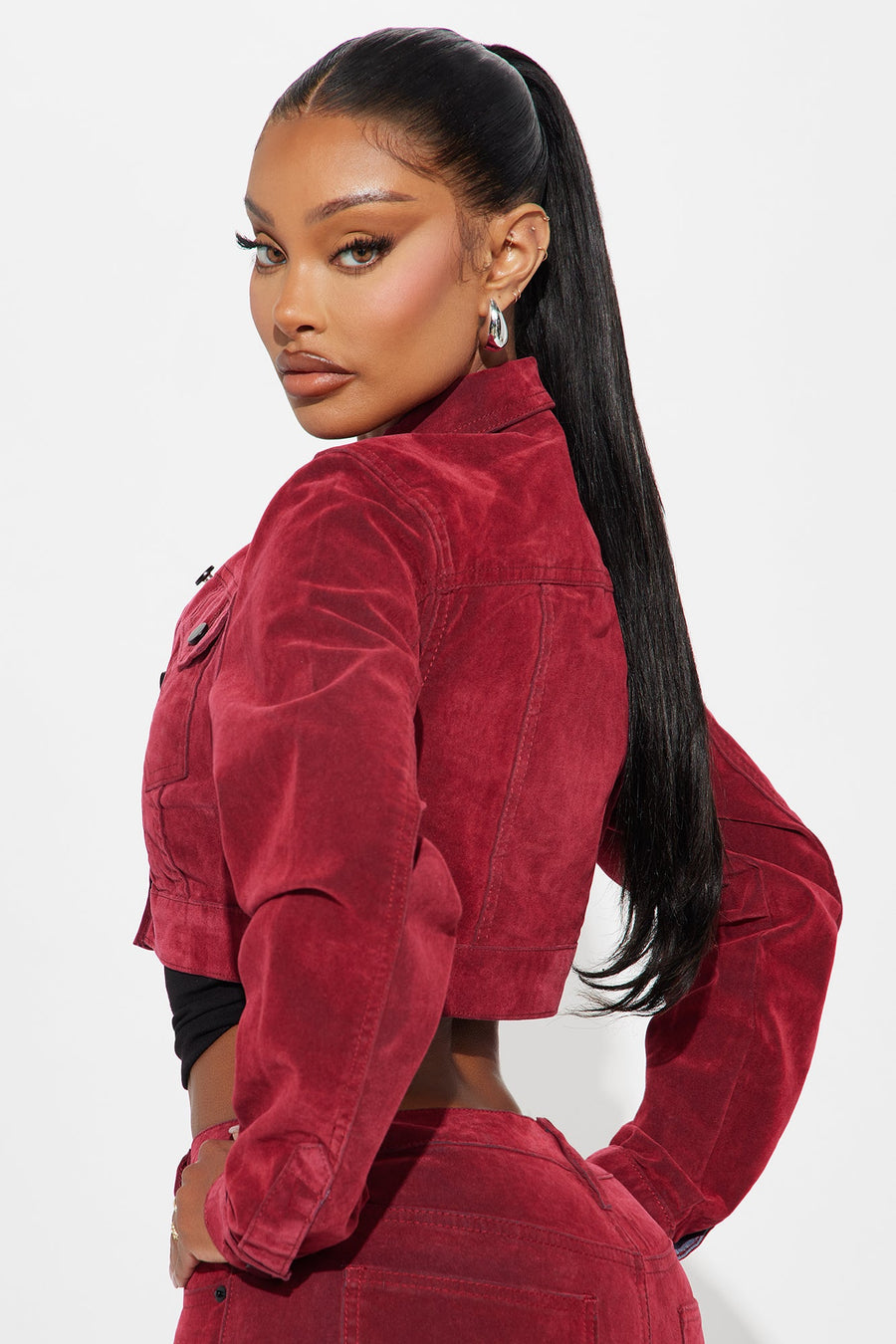 Not Like Us Cropped Stretch Velvet Denim Jacket - Red