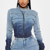 Out Of Reach Ombre Moto Denim Jacket - Medium Wash