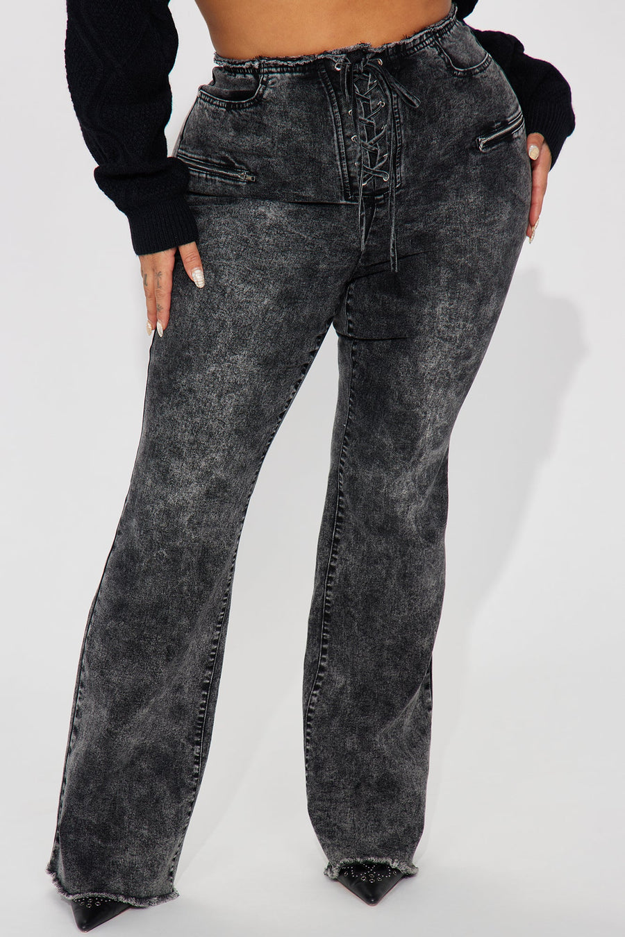 Know You Well Acid Wash Flare Jean - Black Wash