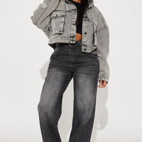 No Explanation Hooded Denim Jacket - Acid Wash Grey