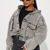 No Explanation Hooded Denim Jacket - Acid Wash Grey