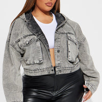 No Explanation Hooded Denim Jacket - Acid Wash Grey