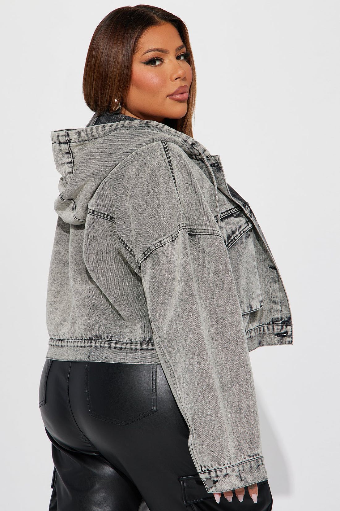 No Explanation Hooded Denim Jacket - Acid Wash Grey