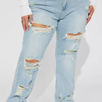 Off The Hook Ripped Straight Leg Jeans - Light Wash