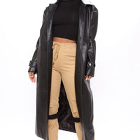 Gimme A Clue Faux Leather Trench Coat - Black