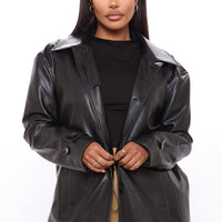 Gimme A Clue Faux Leather Trench Coat - Black