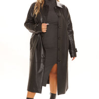 Gimme A Clue Faux Leather Trench Coat - Black