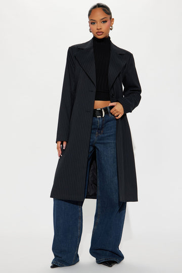 Business Plans Pinstripe Long Blazer - Black/combo
