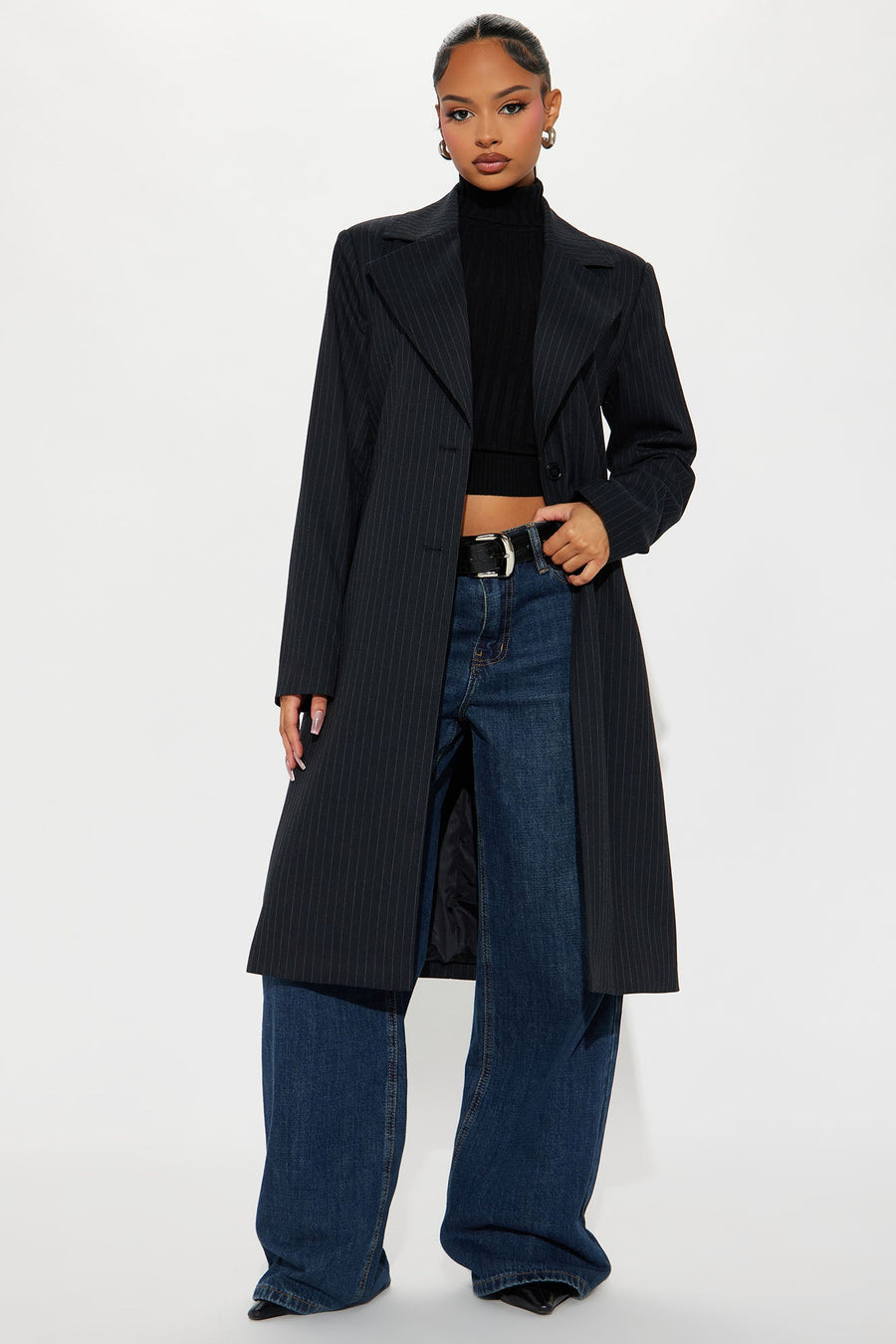 Business Plans Pinstripe Long Blazer - Black/combo