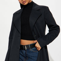 Business Plans Pinstripe Long Blazer - Black/combo