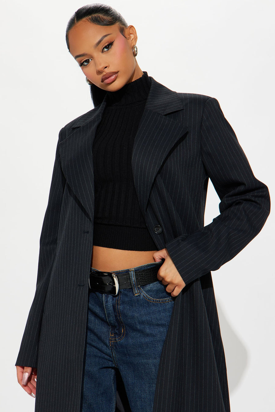Business Plans Pinstripe Long Blazer - Black/combo