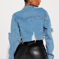 All Torn Up Crop Denim Jacket - Medium Wash