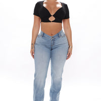 V Nice To Meet You Straight Leg Jeans - Light Blue Wash