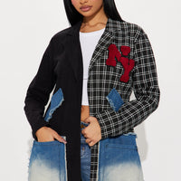 Patched Up In New York Long Blazer - Black/combo
