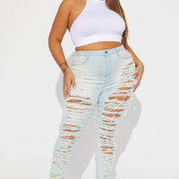 Caught In Your Love Distressed Jeans - Light Blue Wash