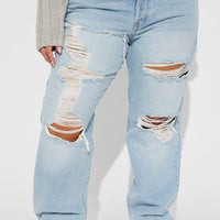 Seeking Thrills Shredded Straight Leg Jeans - Light Wash