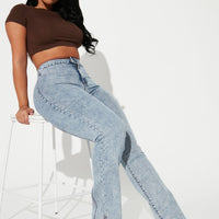 Side Slit Stretch Slim Bootcut Jeans - Acid Wash Denim