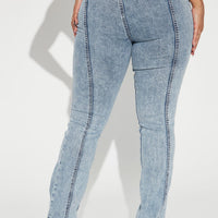 Side Slit Stretch Slim Bootcut Jeans - Acid Wash Denim