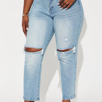 Petite As You Please Ripped Straight Leg Jeans - Light Blue Wash