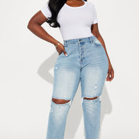 Petite As You Please Ripped Straight Leg Jeans - Light Blue Wash