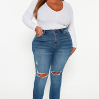 Best Stretch Ripped High Rise Bootcut Jeans - Dark Wash
