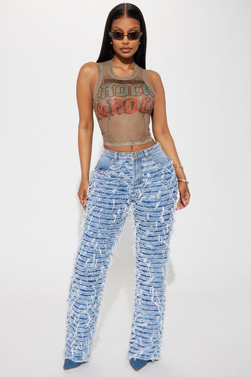 Think It Over Shredded Straight Leg Jeans - Medium Wash