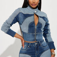 Coronado Two Tone Denim Moto Jacket - Medium Wash
