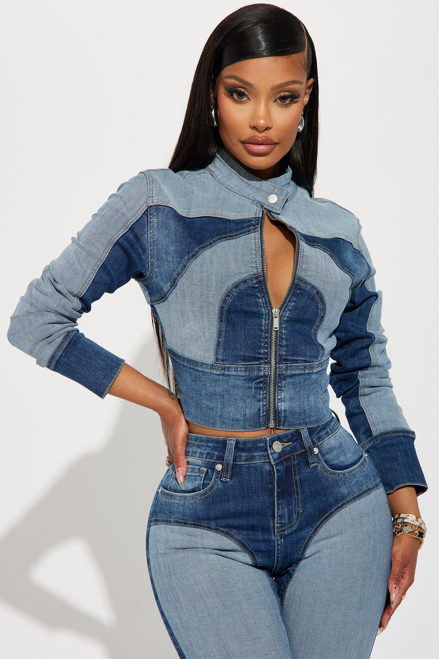 Coronado Two Tone Denim Moto Jacket - Medium Wash
