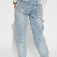 Step Waistband Crossover Jeans - Light Blue Wash