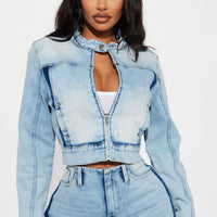 Speed It Up Stretch Moto Denim Jacket - Light Wash