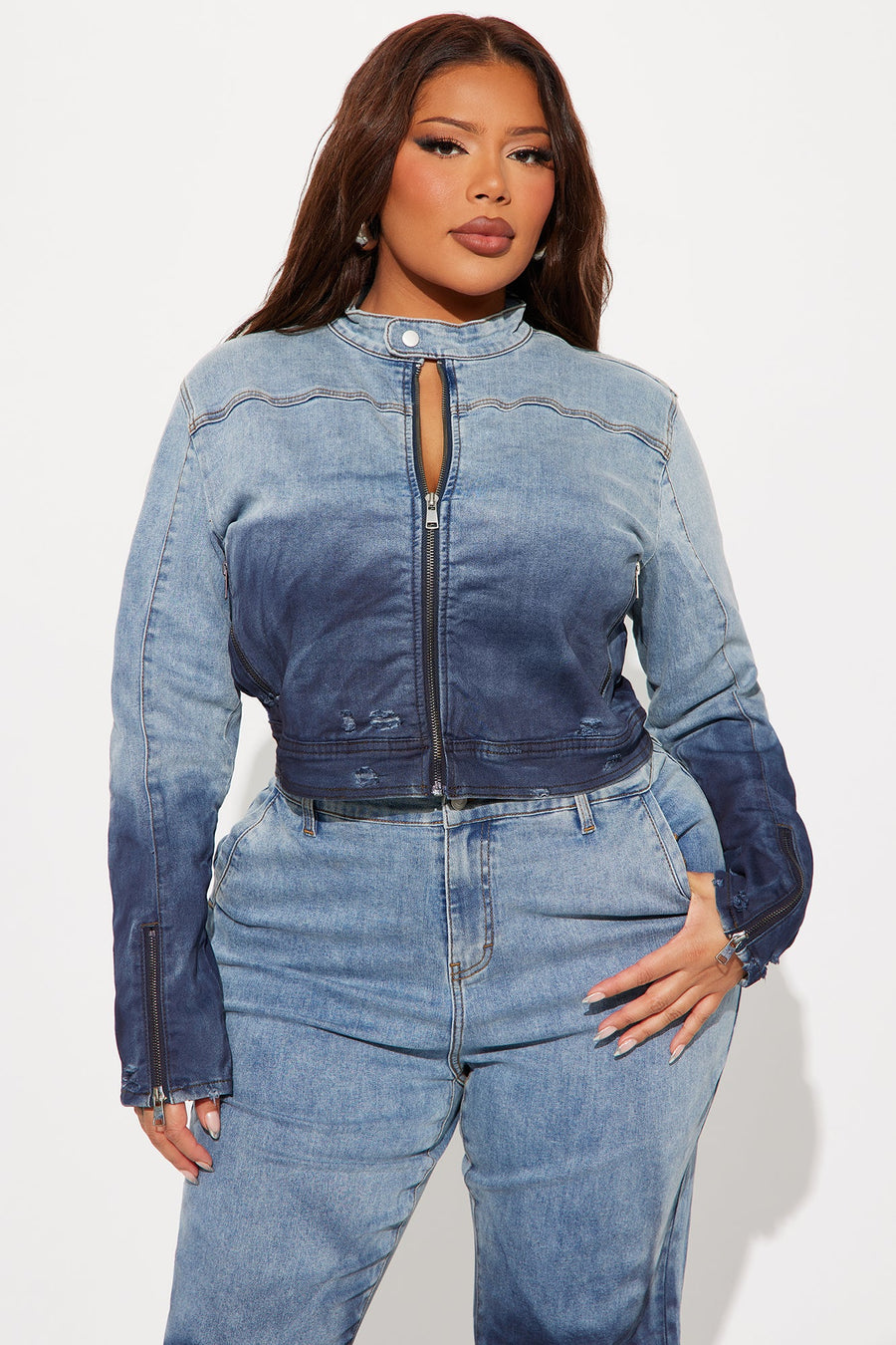 Out Of Reach Ombre Moto Denim Jacket - Medium Wash