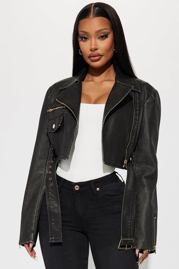 Mila Washed Faux Leather Crop Moto Jacket - Black