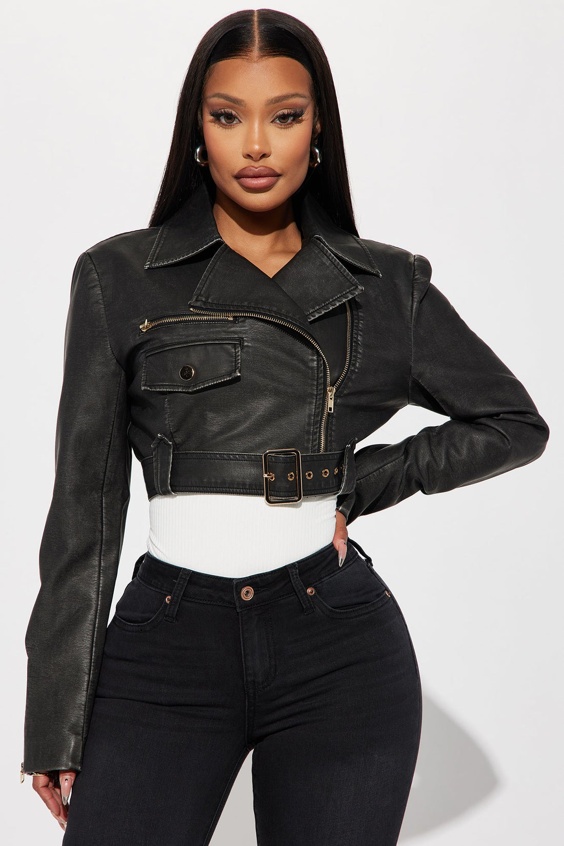 Mila Washed Faux Leather Crop Moto Jacket - Black