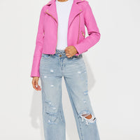 Out For A Ride Vegan Leather Moto Jacket - Pink/Pink