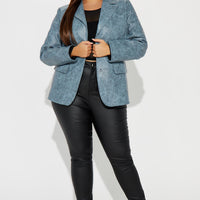 Blaire Washed Faux Leather Blazer - Blue