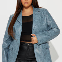 Blaire Washed Faux Leather Blazer - Blue