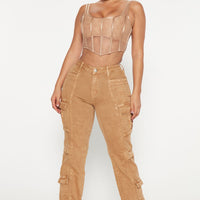 Main Squeeze Mid Rise Straight Leg Cargo Jeans - Khaki