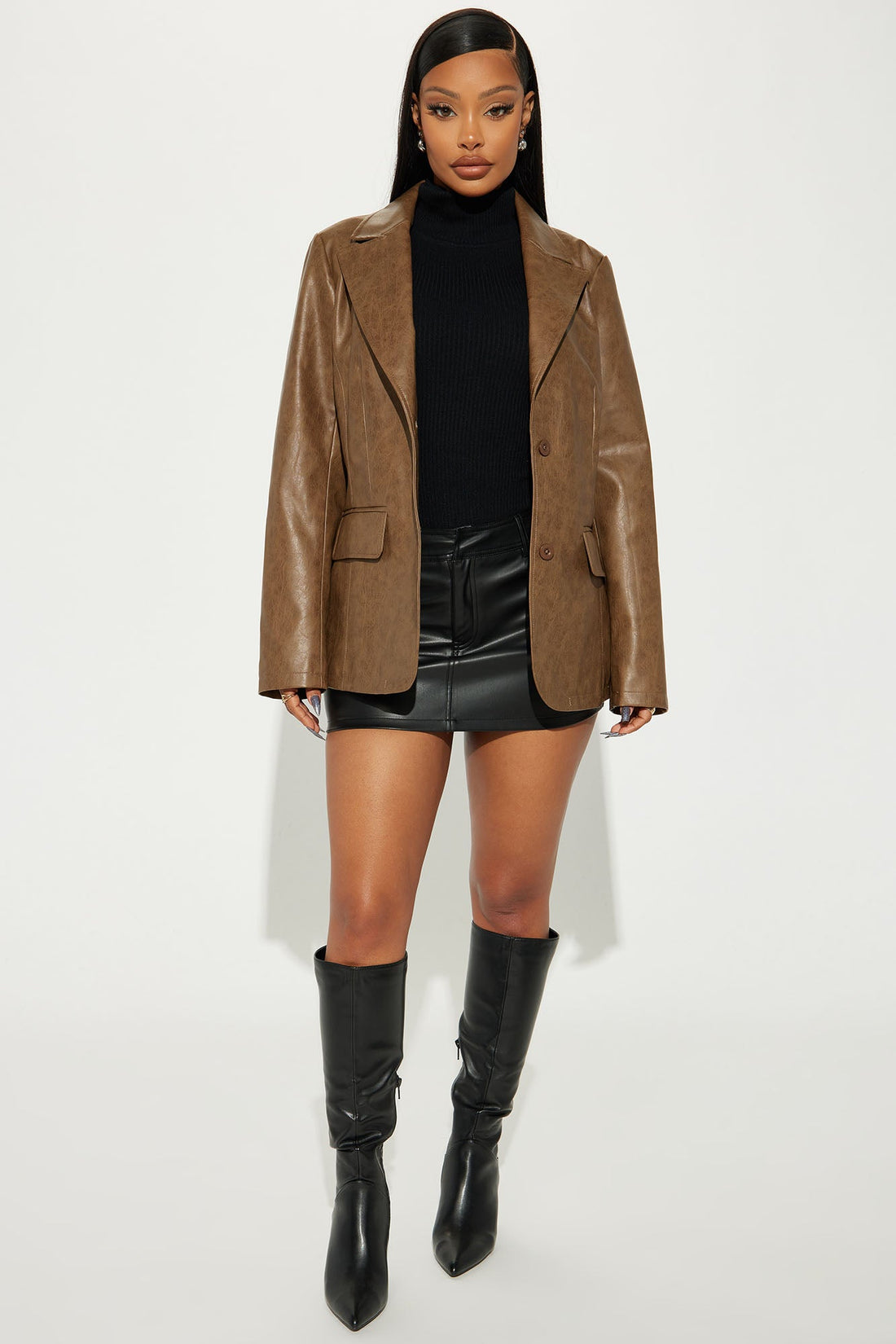 Blaire Washed Faux Leather Blazer - Brown