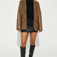 Blaire Washed Faux Leather Blazer - Brown