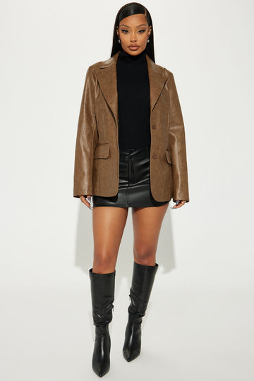 Blaire Washed Faux Leather Blazer - Brown